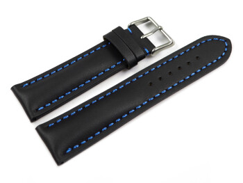 Uhrenarmband - Leder - stark gepolstert - glatt schwarz - blaue Naht 18mm Stahl