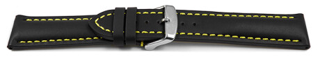 Uhrenarmband - Leder - stark gepolstert - glatt schwarz - gelbe Naht 18mm Stahl