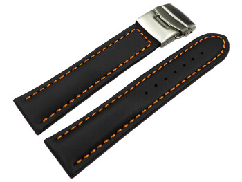 Faltschließe - Uhrenband - Leder - Glatt - schwarz - orange Naht 26mm Gold