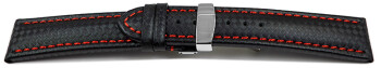 Kippfaltschließe - Uhrenarmband - Leder - Carbon - schwarz - rote Naht 22mm Gold