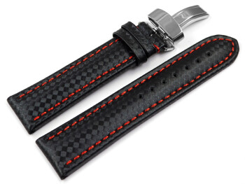 Kippfaltschließe - Uhrenarmband - Leder - Carbon - schwarz - rote Naht 22mm Gold