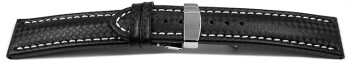 Kippfaltschließe - Uhrenarmband - Leder - Carbon - schwarz - weiße Naht 18mm Stahl