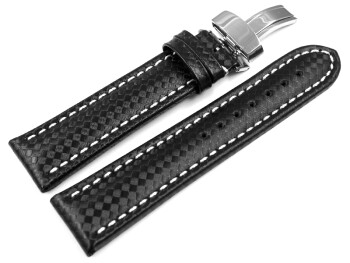 Kippfaltschließe - Uhrenarmband - Leder - Carbon - schwarz - weiße Naht 18mm Stahl