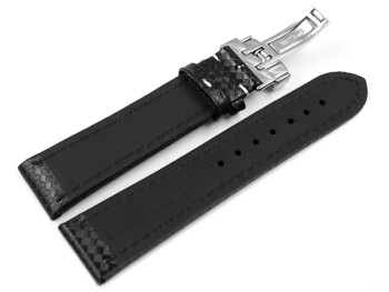 Kippfaltschließe - Uhrenarmband - Leder - Carbon - schwarz - weiße Naht 24mm Gold