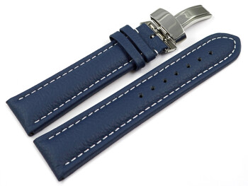 Kippfaltschließe - Uhrenarmband - Leder - genarbt - blau 18mm Stahl