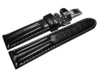 Kippfaltschließe - Uhrenarmband - Leder - glatt - zwei Wülste - schwarz 22mm Stahl