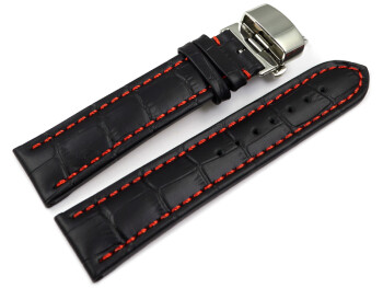 Uhrenarmband mit Butterfly Schließe Leder Kroko schwarz rote Naht 22mm schwarz