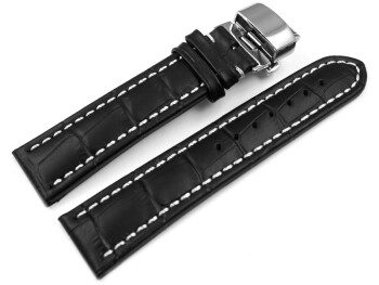 Uhrenarmband mit Butterfly Schließe Leder Kroko schwarz - XL 18mm Stahl