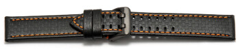 Uhrenarmband - Leder schwarz - Carbon Prägung - Doppeldorn schwarz - orange Naht 24mm