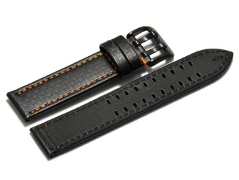 Uhrenarmband - Leder schwarz - Carbon Prägung - Doppeldorn schwarz - orange Naht 24mm