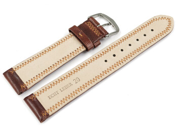 Uhrenarmband leicht glänzendes Leder braun mit Zickzack Naht 24mm Stahl