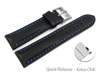 Schnellwechsel Uhrenarmband Leder stark gepolstert glatt schwarz blaue Naht 20mm Stahl