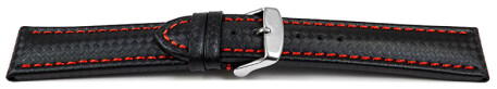 Schnellwechsel Uhrenarmband - Leder - Carbon Prägung - schwarz - rote Naht 18mm Stahl