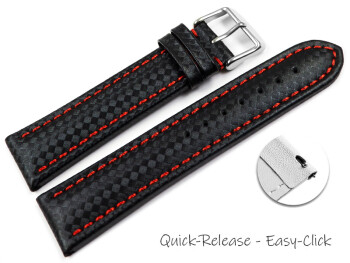 Schnellwechsel Uhrenarmband - Leder - Carbon Prägung - schwarz - rote Naht 18mm Stahl
