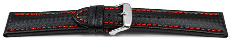Schnellwechsel Uhrenarmband - Leder - Carbon Prägung - schwarz - rote Naht 18mm Gold