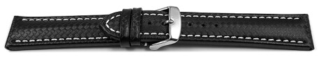 Schnellwechsel Uhrenarmband - Leder - Carbon Prägung - schwarz - weiße Naht 18mm Stahl
