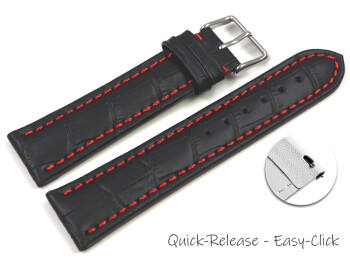 XL Schnellwechsel Uhrenarmband - Kroko Prägung - gepolstert - Leder - schwarz - rote Naht XL 22mm Stahl