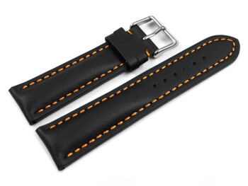 Uhrenarmband Leder stark gepolstert glatt schwarz orange Naht 24mm Schwarz