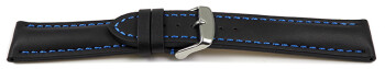 Uhrenarmband Leder stark gepolstert glatt schwarz blaue Naht 24mm Schwarz