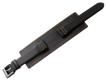 Uhrenarmband Leder schwarz Unterlage orange Naht 18mm Schwarz