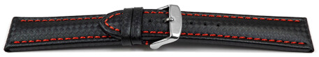Uhrenarmband Leder Carbon Prägung schwarz rote Naht 24mm Schwarz