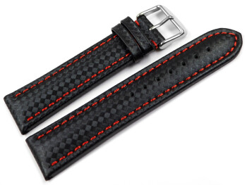 Uhrenarmband Leder Carbon Prägung schwarz rote Naht 24mm Schwarz