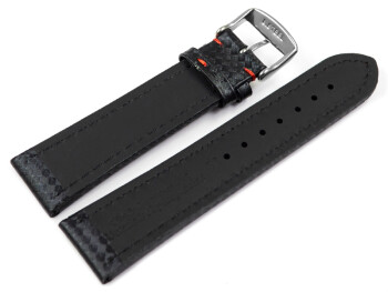 Uhrenarmband Leder Carbon Prägung schwarz rote Naht 24mm Schwarz