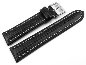 Uhrenarmband Leder Carbon Prägung schwarz weiße Naht 22mm Schwarz