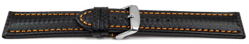 Uhrenarmband Leder Carbon Prägung schwarz orange Naht 20mm Schwarz