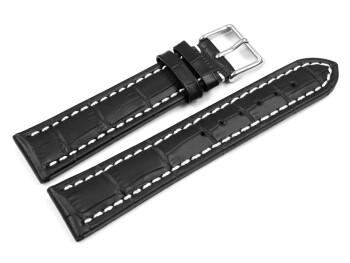 XL Uhrenarmband gepolstert Leder Kroko Prägung schwarz weiße Naht 24mm Schwarz