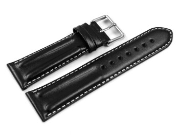 Uhrenarmband - echt Leder - doppelte Wulst - glatt - schwarz weiße Naht 20mm Schwarz