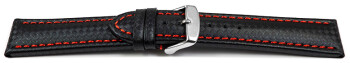Schnellwechsel Uhrenarmband - Leder - Carbon Prägung - schwarz - rote Naht 20mm Schwarz