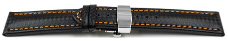 Uhrenarmband mit Butterfly Leder Carbon Prägung schwarz orange Naht 18mm schwarz
