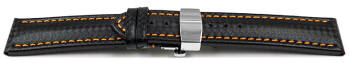 Uhrenarmband mit Butterfly Leder Carbon Prägung schwarz orange Naht 18mm Stahl