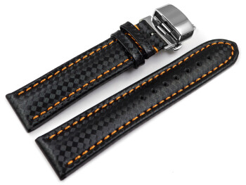 Uhrenarmband mit Butterfly Leder Carbon Prägung schwarz orange Naht 22mm Gold