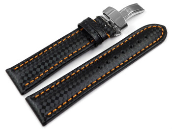 Uhrenarmband Kippfaltschließe Leder Carbon schwarz oranger Naht 18mm Stahl