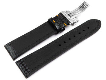 Uhrenarmband Kippfaltschließe Leder Carbon schwarz oranger Naht 18mm Stahl