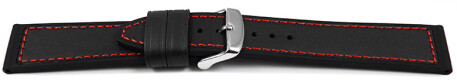 Uhrenarmband Silikon-Leder Hybrid  schwarz mit roter Naht 20mm Stahl