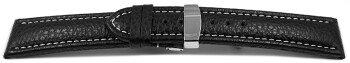 Uhrenarmband Kippfaltschließe Leder genarbt schwarz weiße Naht 18mm Schwarz