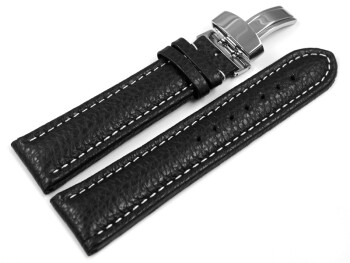 Uhrenarmband Kippfaltschließe Leder genarbt schwarz weiße Naht 18mm Schwarz