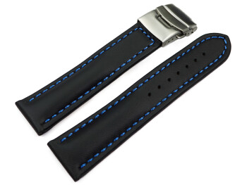 Faltschließe Uhrenband Leder Glatt schwarz blaue Naht 20mm Stahl