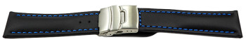 Faltschließe Uhrenband Leder Glatt schwarz blaue Naht 22mm Gold