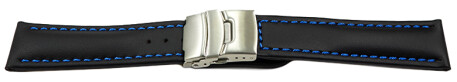 Faltschließe Uhrenband Leder Glatt schwarz blaue Naht 22mm Schwarz