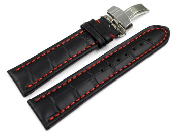 Uhrenarmband Kippfaltschließe Leder Kroko schwarz rote Naht 24mm Schwarz