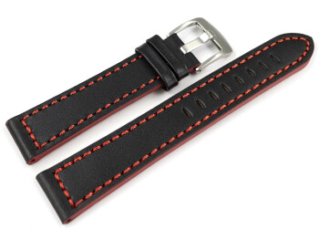 Uhrenarmband schwarz Sportiv Leder mit roter Naht 22mm Stahl