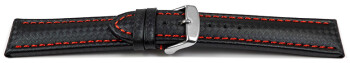 Uhrenarmband Leder Carbon Prägung schwarz rote Naht 18mm 20mm 22mm 24mm