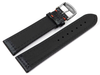 Uhrenarmband Leder Carbon Prägung schwarz rote Naht 18mm 20mm 22mm 24mm